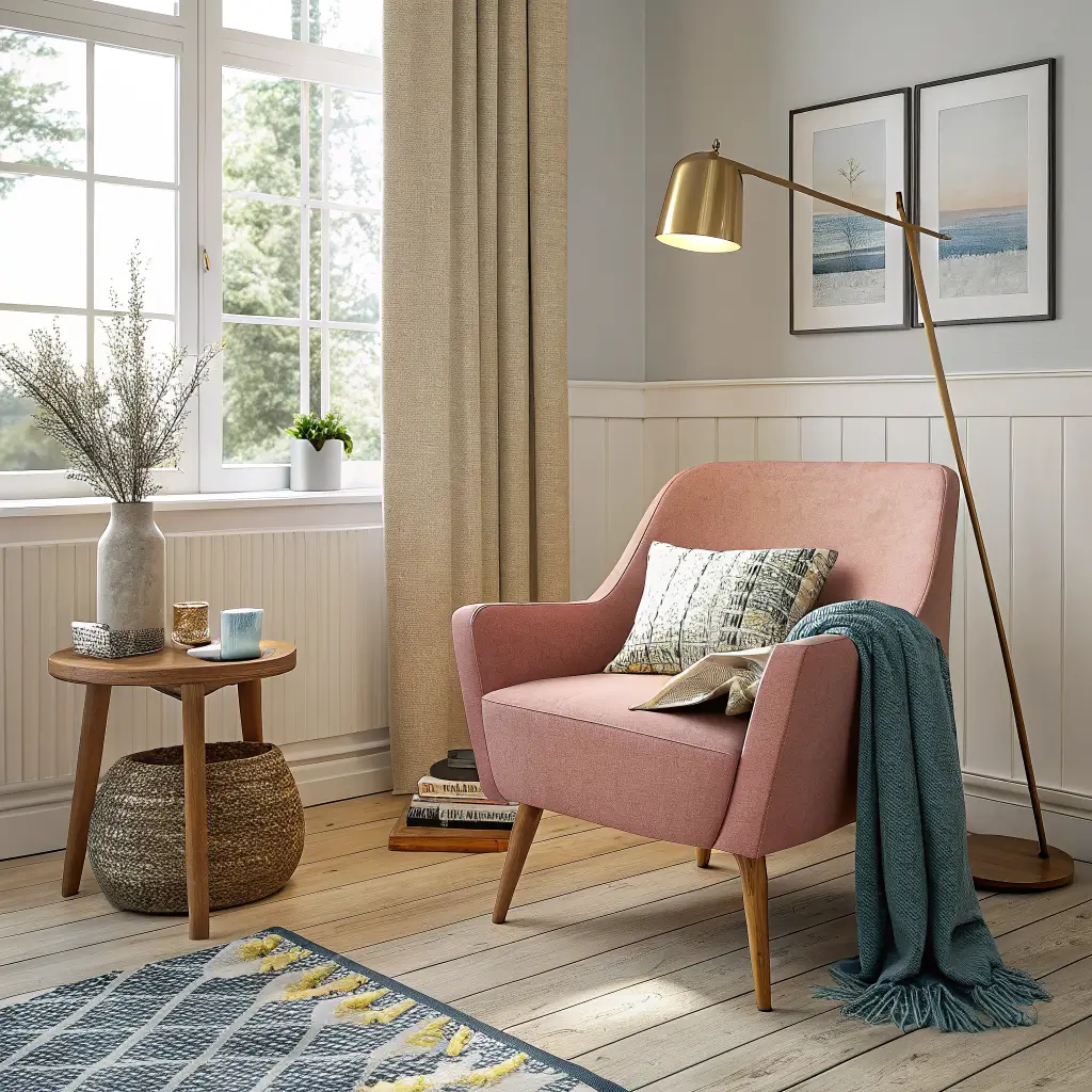Dusty pink reading chair by a tall window with linen curtains, on a blue and yellow patterned rug beside an oak table with a glowing globe lamp, mug, and book, with a cream throw and ficus in a rattan planter.