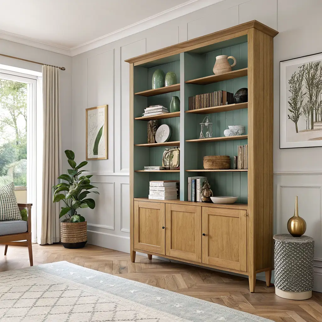 Photorealistic Scandinavian living room with 10-foot oak built-in open shelving on a warm white wall with soft celadon back panel, styled with books, vase, art, ceramics, brass candlestick, trailing plant, warm floor lamp, and oak floors with rug edge.