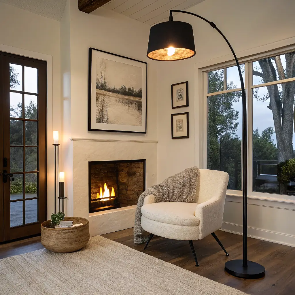 Photorealistic dusk living room corner with layered lighting: picture light over abstract art, bouclé chair, matte black floor lamp, oak side table with candle, olive tree, oak floors and oatmeal rug in warm golden glow.