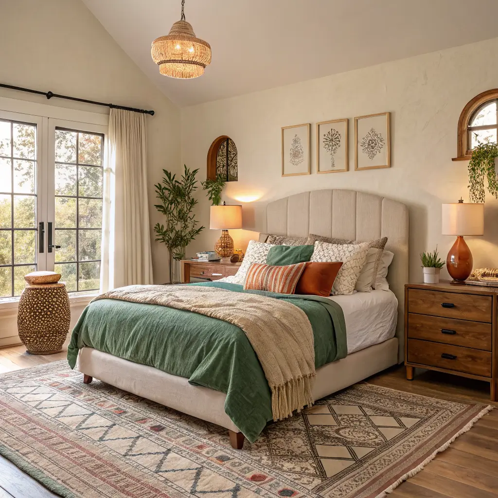 Photorealistic cozy primary bedroom at golden hour with a queen bed in hunter green linen duvet, bouclé headboard, vintage wood nightstands with warm lamps, patterned wool rug, and linen drapes by a sunlit window.