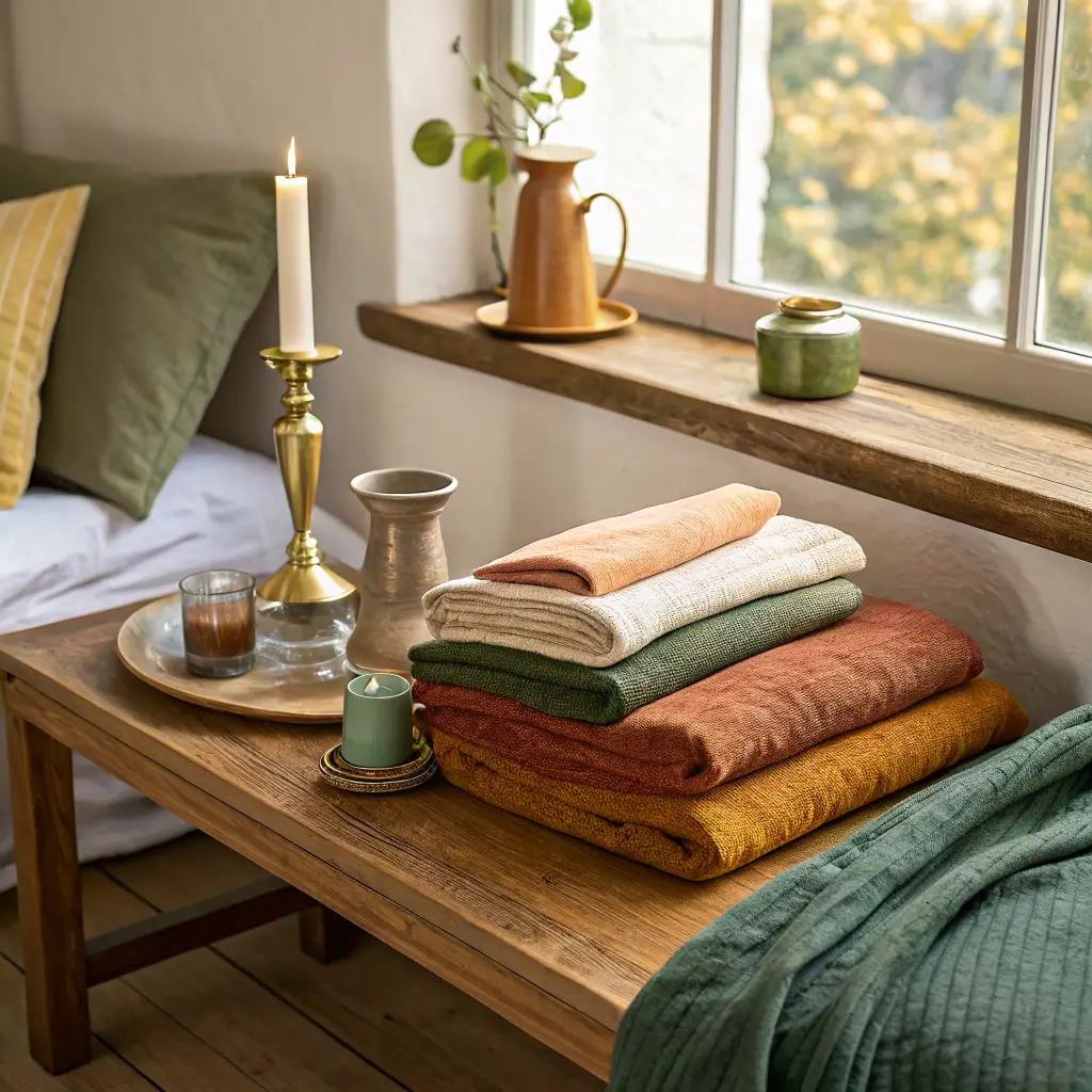 Flat-lay corner scene on an oak bench showing layered fabric swatches in green, cream, rust, taupe, and yellow-green beside an ochre vase and brass candlestick in soft morning light.