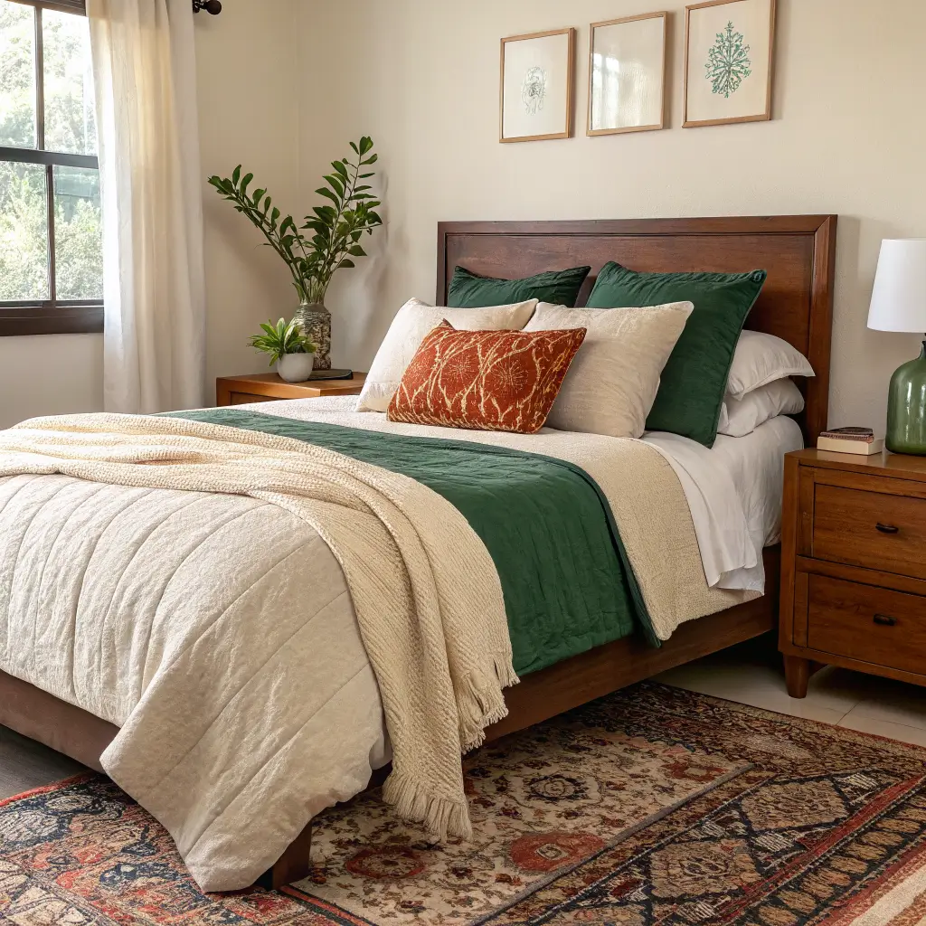 Close-up of a neatly layered queen bed with cream sheets, green duvet, chunky wool throw, and rust lumbar pillow in a cozy colorful bedroom lit by soft window light and a warm bedside lamp.
