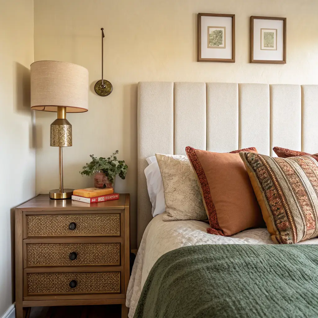 Photorealistic cozy bedroom with creamy bouclé headboard, hunter green duvet, terracotta pillow, brass sconce, and walnut nightstand in warm afternoon light