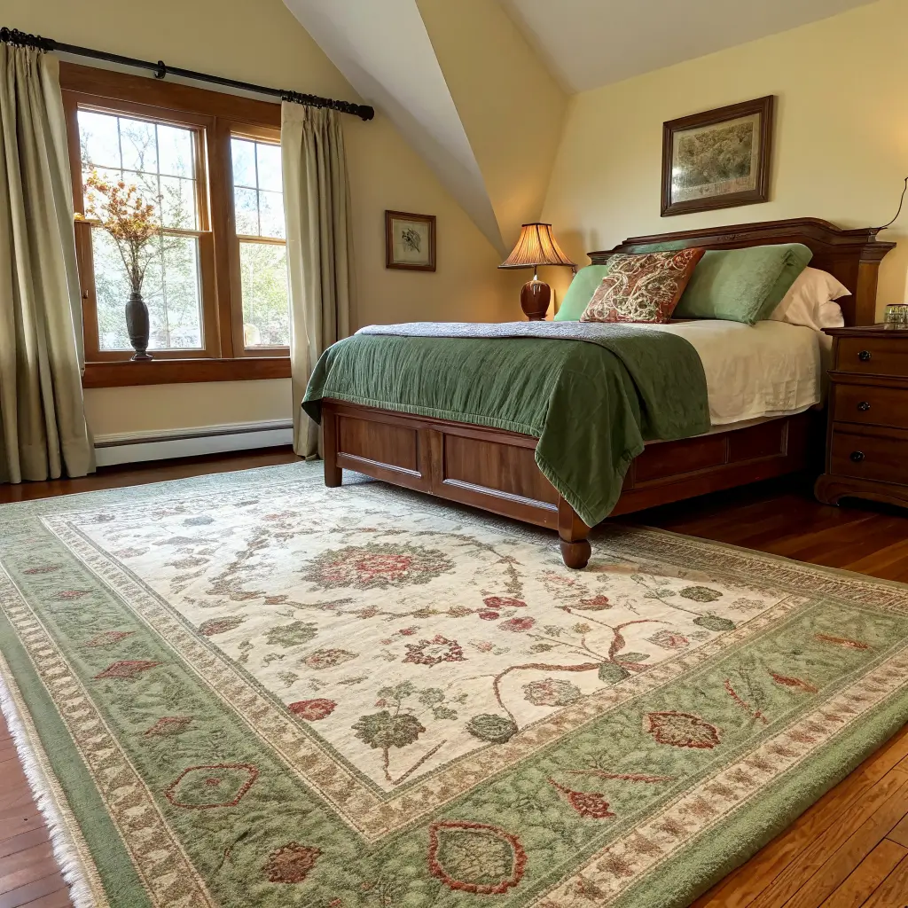 Low-angle view of a patterned wool rug extending past a queen bed with dark walnut legs and a hunter green duvet, lit by warm morning sun in a cozy bedroom.