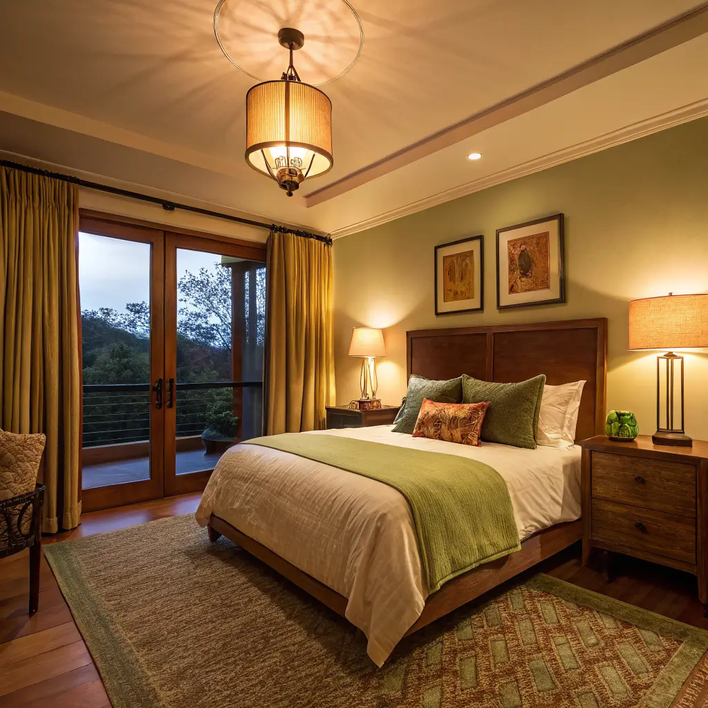 Cozy colorful bedroom at dusk lit by warm 2700K lamps, with hunter green duvet, rust pillow, cream walls, linen curtains, and layered amber pools of light in a wide-angle view.