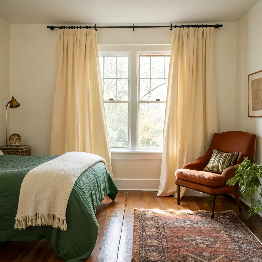 Cozy colorful bedroom with floor-to-ceiling cream linen curtains glowing in late-morning light, hunter green bedding, and a rust reading chair by the window.