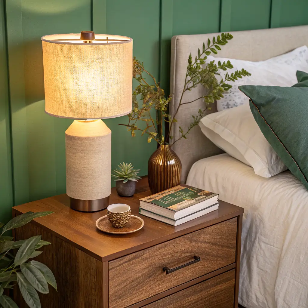 Walnut nightstand with a glowing cream ceramic lamp, rust book, and green vase with eucalyptus beside a bouclé headboard and hunter green duvet in a cozy bedroom.