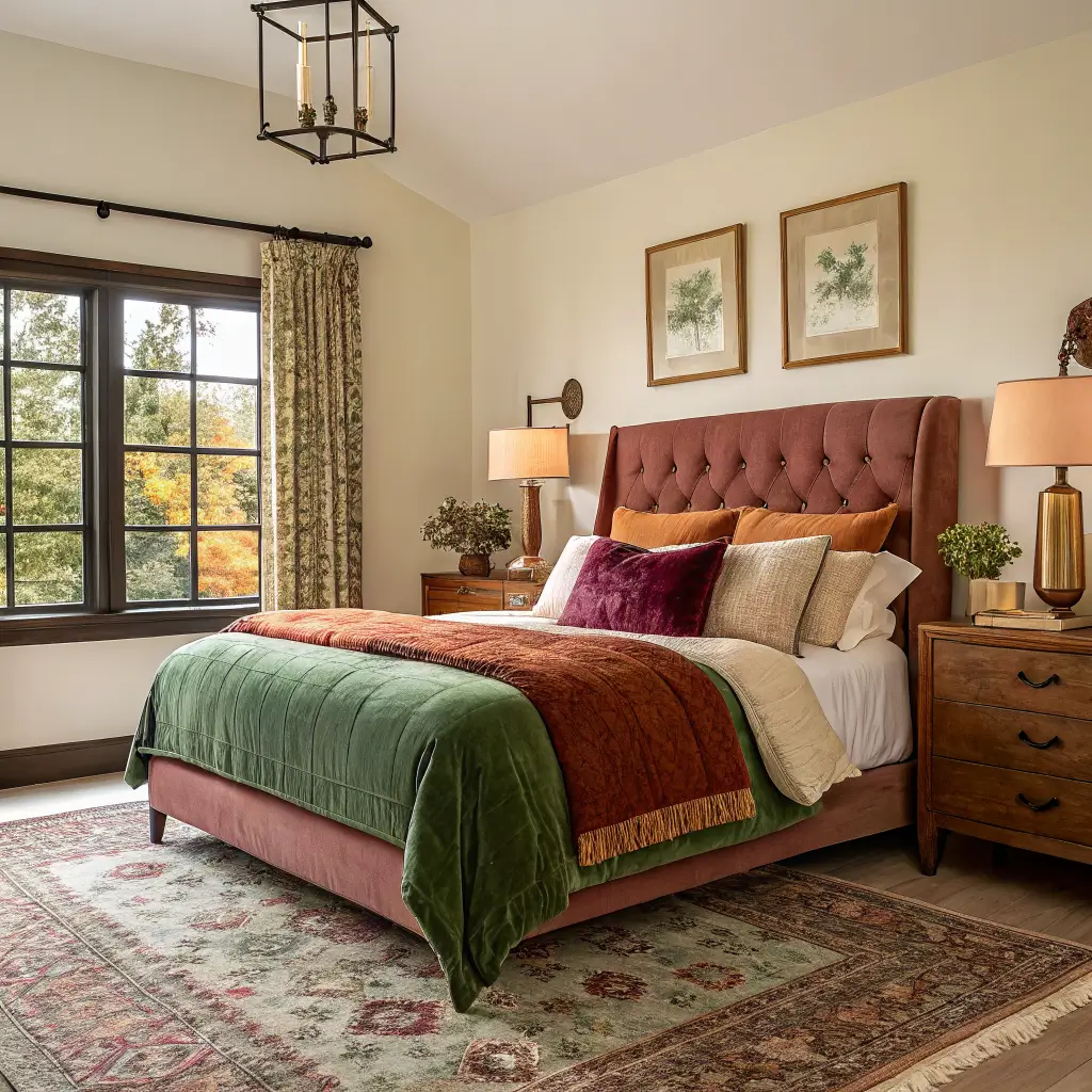 Photorealistic autumn guest bedroom with full bed in plum, rust, and green bedding, brass lamp glow, and blue twilight through taupe curtains.