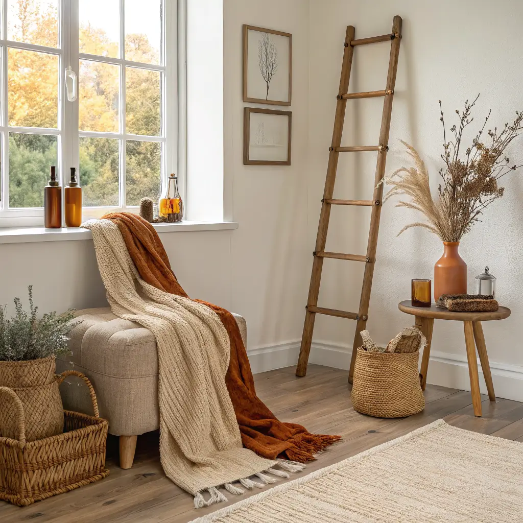 Cozy autumn living room corner with a wooden blanket ladder holding rust and neutral throws, oak side table with amber bottles and dried wheat, olive tree in a seagrass basket, and warm late-afternoon light on oak floors and a rust-and-cream rug.
