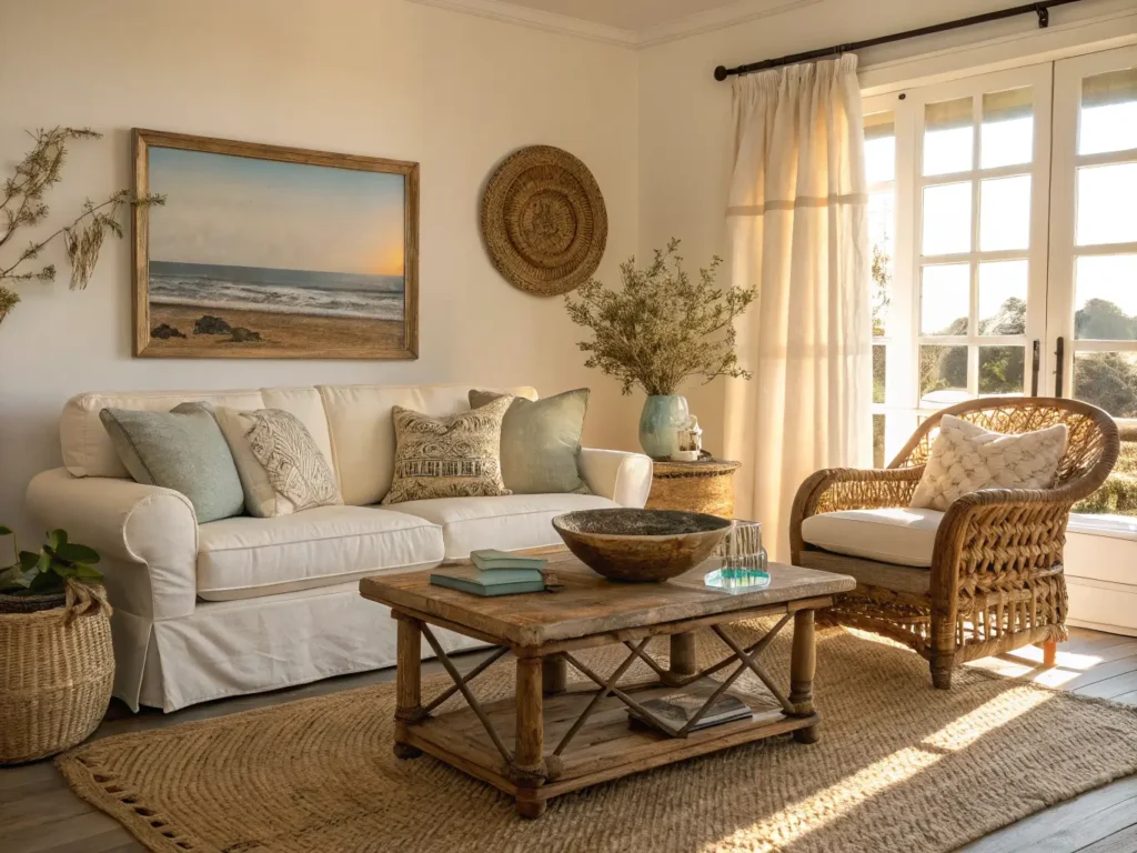 Sunlit coastal eclectic living room with cream linen sofa, rattan chair, driftwood coffee table with brass compass and sea glass, jute rug, olive branches, and seascape painting.