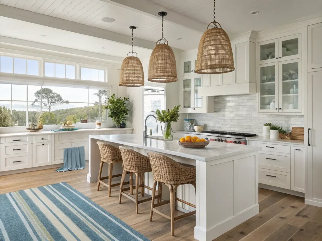 Modern coastal farmhouse kitchen with white shaker cabinets, white oak waterfall island, rattan pendants, cane stools, and sea-glass blue runner in morning light.