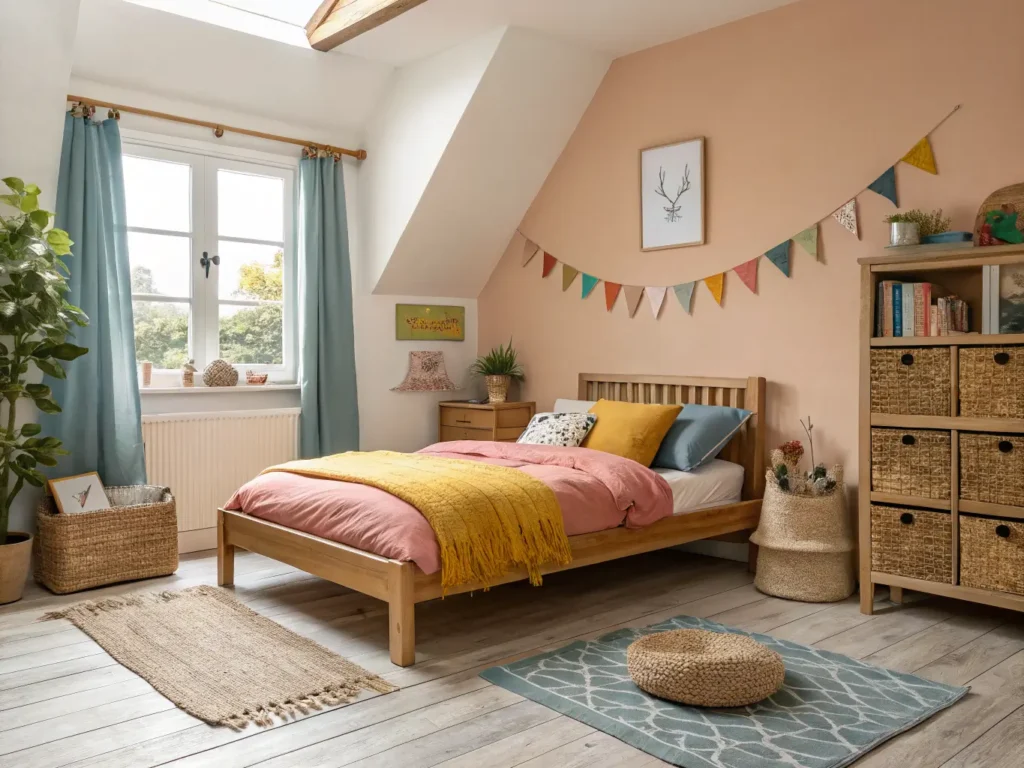 Photorealistic contemporary kids bedroom with low oak bed, coral duvet, mustard pillows, dusty blue cushion, peach ceiling, jute rug, bunting, books, baskets, and a pothos plant in soft morning light.