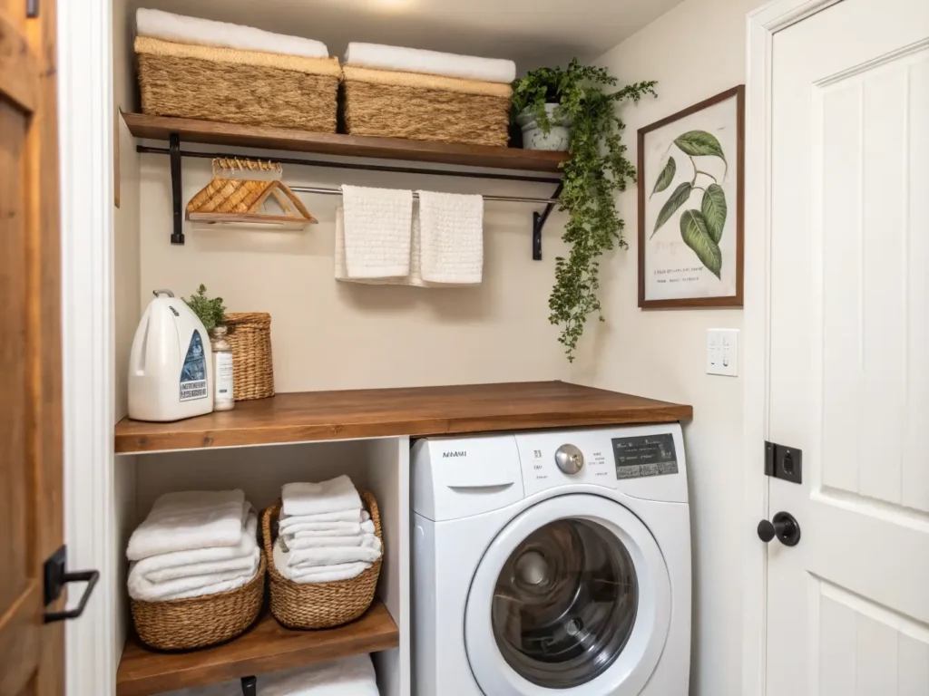 Photorealistic tiny laundry closet with stacked white washer-dryer, walnut counter, seagrass baskets on floating shelf, pothos plant, and warm morning light.