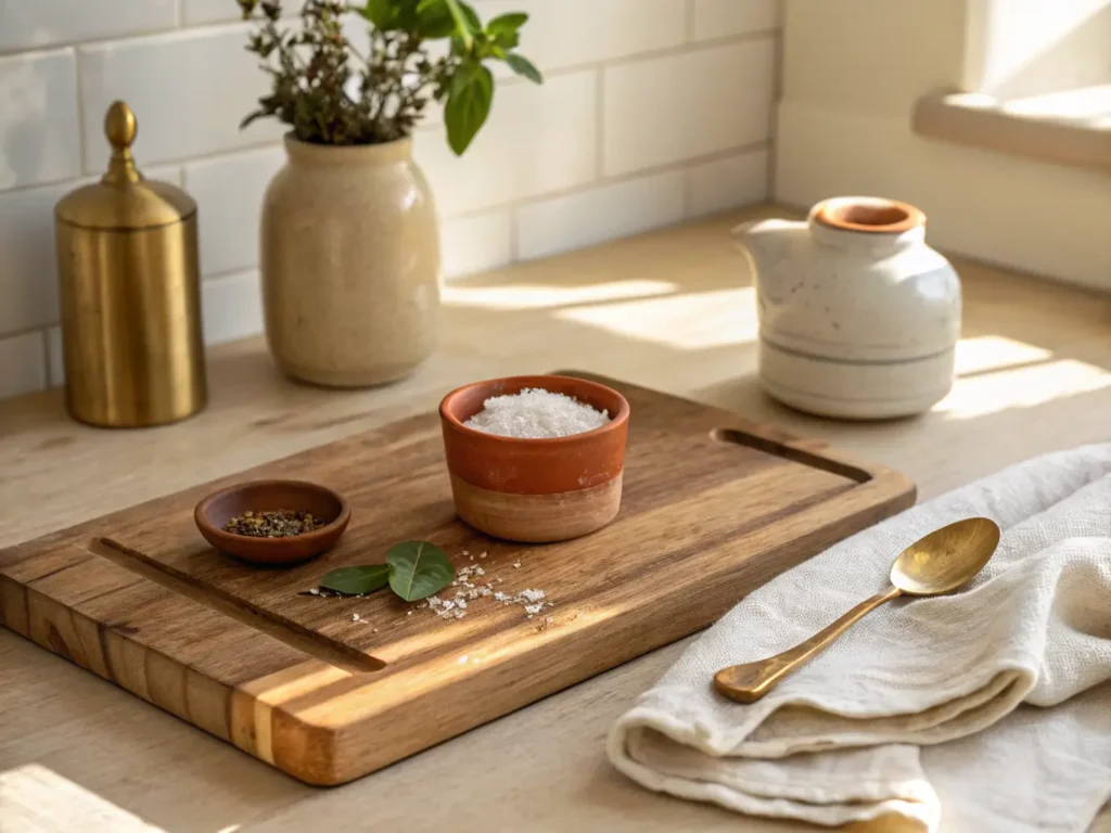 Still life of a honey oak butcher block with sea salt, basil in a small stoneware vase, brass measuring spoon, and sage linen towel on a cream background in soft morning light.