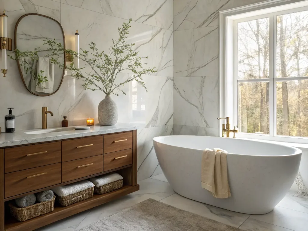 Photorealistic modern luxury bathroom with freestanding matte stone tub, Calacatta quartzite wall, walnut floating vanity with brass fixtures, soft golden-hour light, towels, eucalyptus, and candle.
