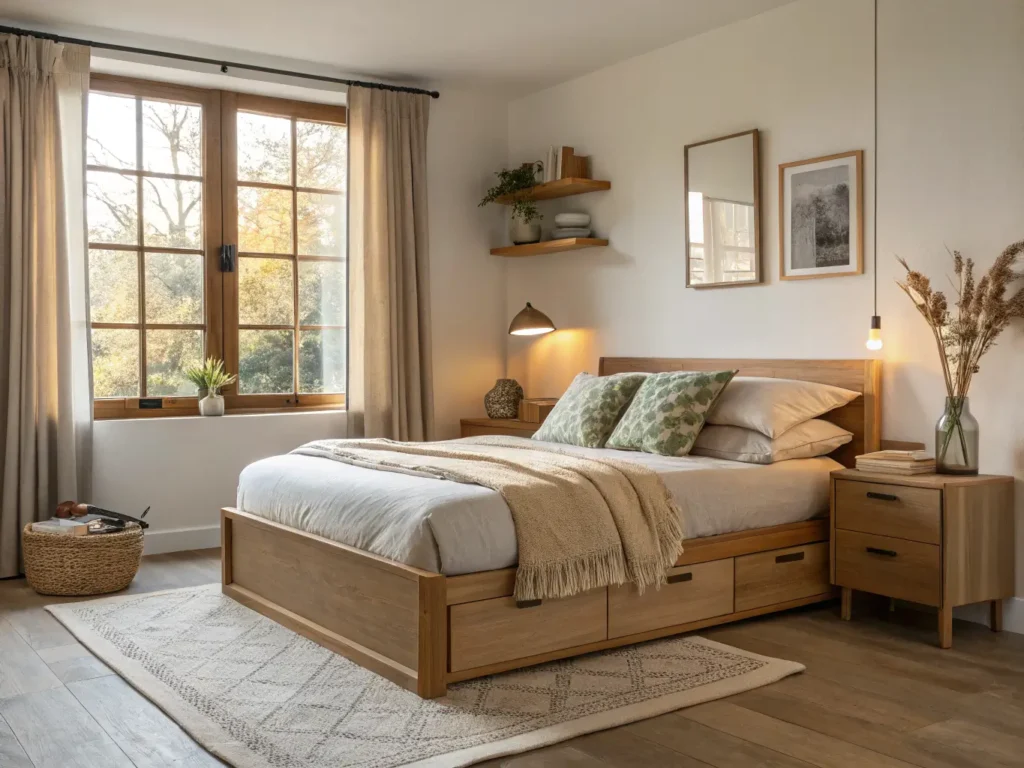Photorealistic small Scandinavian bedroom with oak storage bed, oatmeal linen bedding, warm golden-hour light, floating shelf lamp, and airy linen curtains.