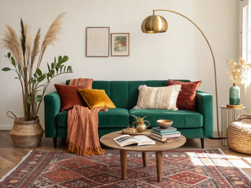 Modern colorful living room with an emerald velvet sofa, Turkish rug, travertine coffee table, brass arched floor lamp, and potted olive tree in warm golden-hour light.