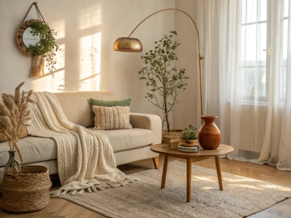 Photorealistic minimalist studio corner with oat linen sofa, knit throw, oak coffee table with terracotta vase and eucalyptus, brass arc lamp, jute rug, and snake plant in warm afternoon light
