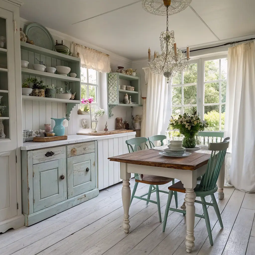 Photorealistic shabby chic eat-in kitchen with morning light, antique white cabinets, pine farmhouse table with mismatched blue and sage chairs, open shelves, and a small chandelier.