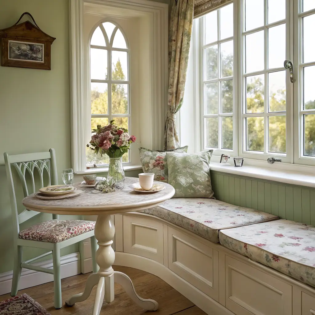 Photorealistic shabby chic breakfast nook with bay window bench, floral linen cushions, chippy cream pedestal table with vintage books and tea, sage walls, rose curtains, brass sconce, and yellow jug of roses in warm morning light.
