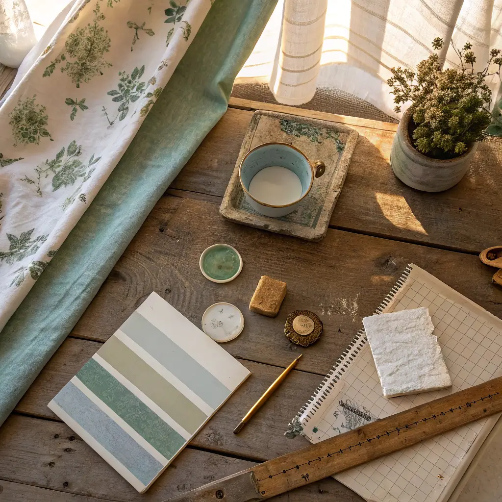 Overhead angled flat lay of shabby chic kitchen planning items on a worn pine table in warm late-afternoon light, with paint swatches, tape measure, hardware samples, fabric swatches, eucalyptus, and vintage rulers.