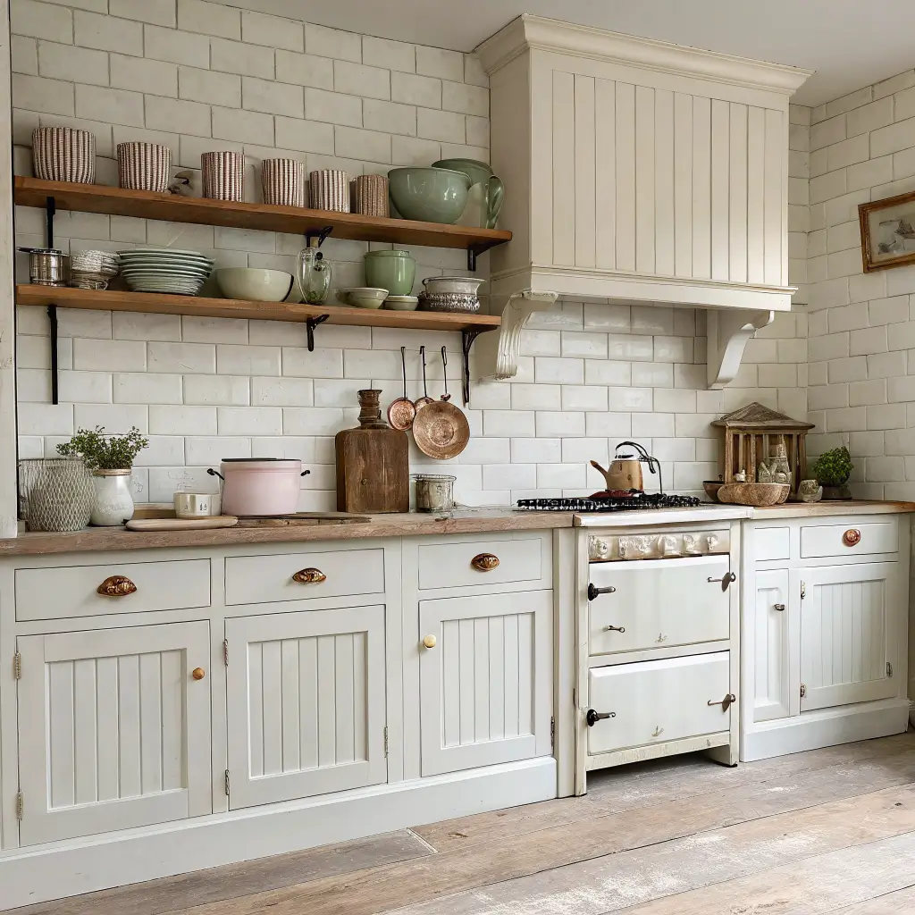 Photorealistic shabby chic kitchen wall with distressed antique white cabinets, cream range and kettle, beadboard backsplash, butcher-block counter with pastel bowls, reclaimed shelf with ironstone and copper pot, grey walls and oak floor.
