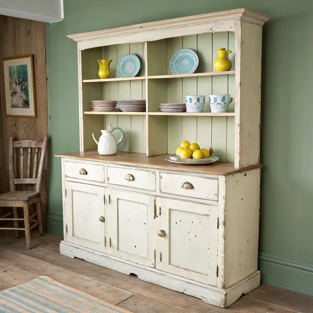 Three-quarter view of a chippy cream Welsh dresser hutch against a sage green wall, styled with ironstone plates, blue teacups, glass tumblers, and lemons in warm late-morning light.