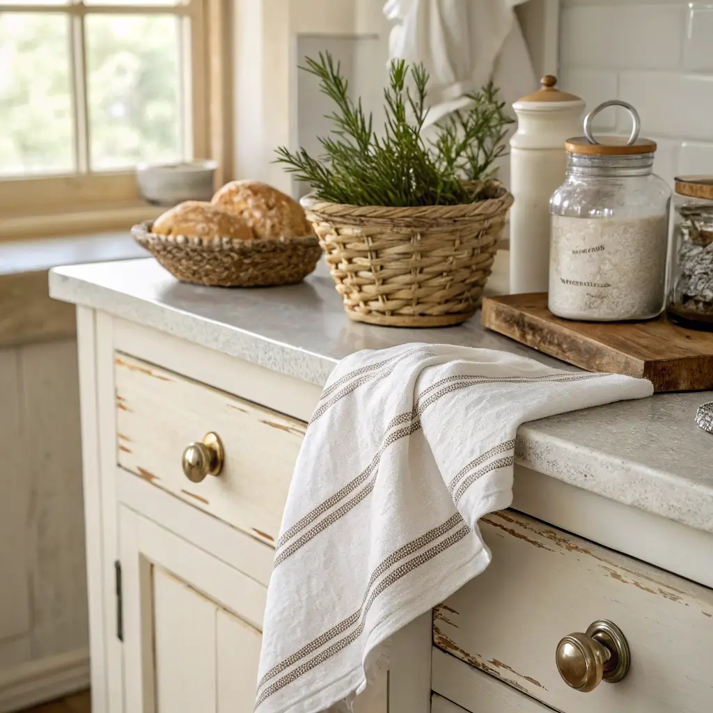 Close-up of a distressed antique-white drawer with milk glass knob and brass cup pull, linen striped tea towel, and a worn butcher-block counter with a basket of bread, flour jar, and rosemary in soft window light.