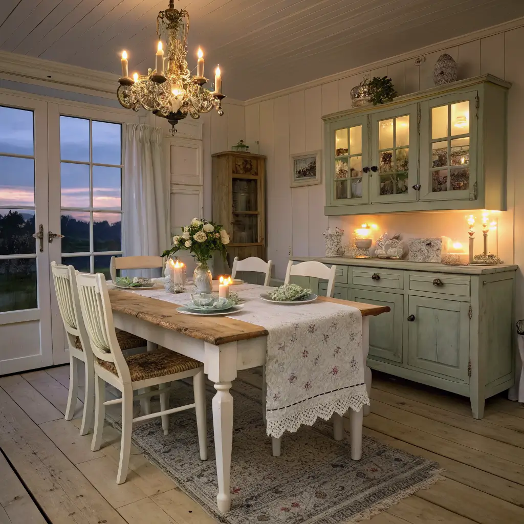 Photorealistic wide shot of a shabby chic kitchen dining area at dusk with a glowing crystal chandelier above a pine farmhouse table, mismatched cream and sage chairs, lace and linen runner, roses, and lit taper candles.