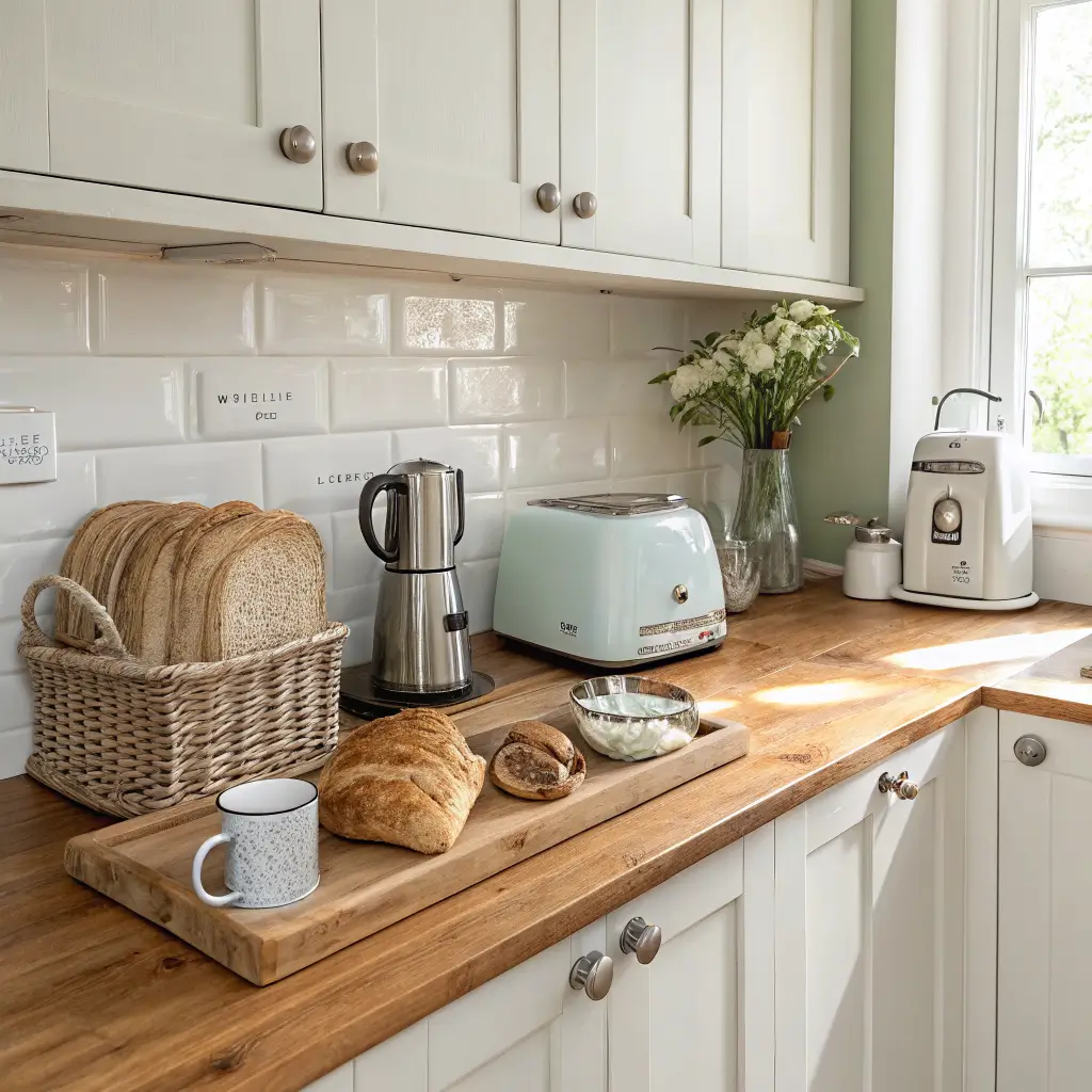 Photorealistic shabby chic galley kitchen corner with a tray of cream kettle, pastel blue toaster, and stainless coffee maker on butcher-block counter, beside a basket of baguettes and a glass pasta jar in warm morning light.