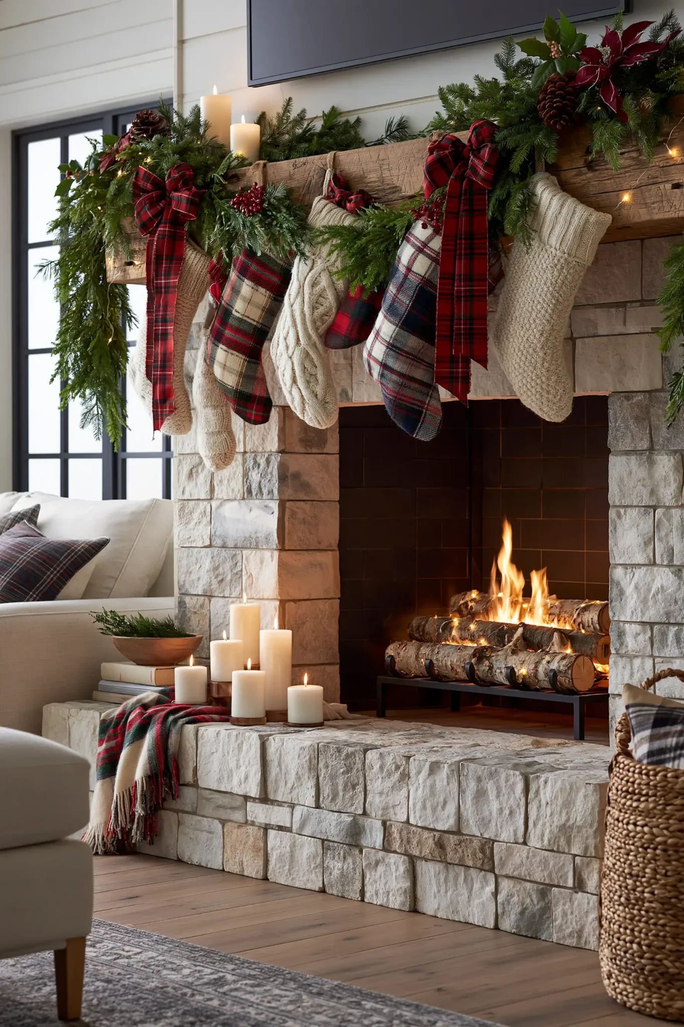 21 Christmas Mantle Decor Ideas for a Quiet, Lit Focal Point